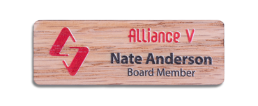 Printed Wooden Name Badges - Real wood name badge with printed logo and text | www.namebadgesinternational.us